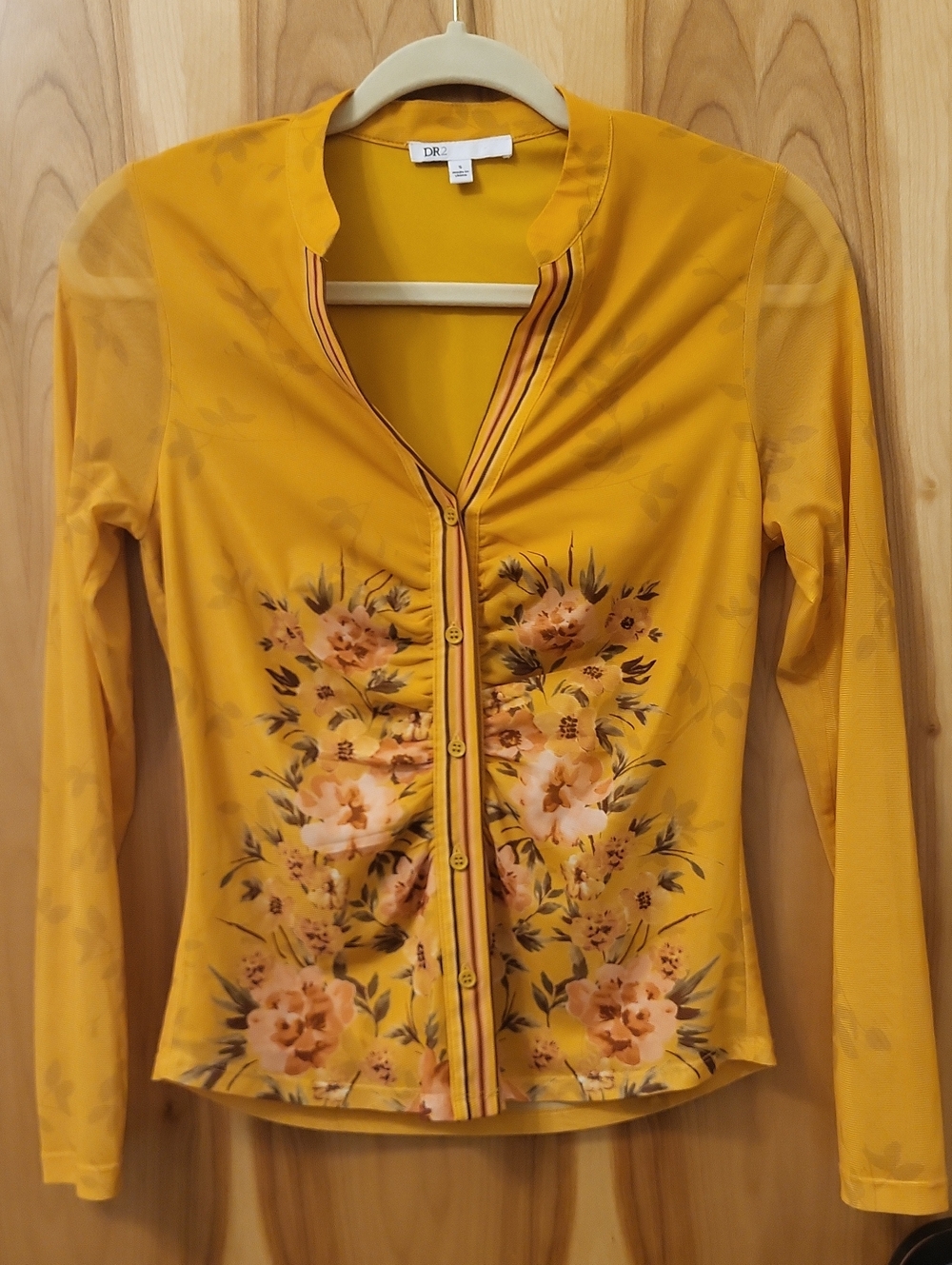 DR2 Mustard Yellow Floral Button-Front Long Sleeve Top